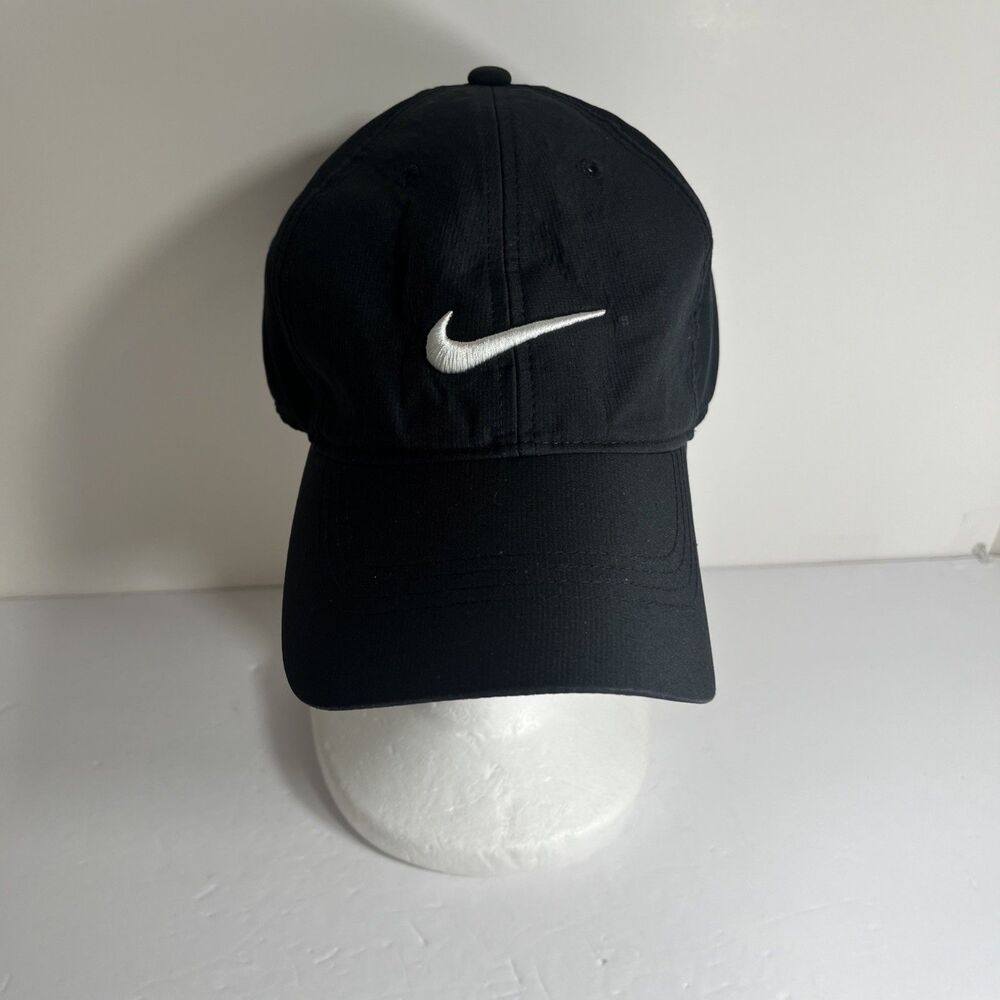 Nike Swoosh Black w/ White Logo Childs Hook and Loop Adjustable Baseball Hat Cap